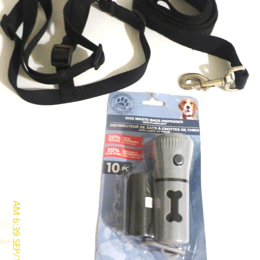Medium Size Dog HARNESS & LEASH Plus Dog WASTE BAGS w/ FLASHLIGHT Poop Bags